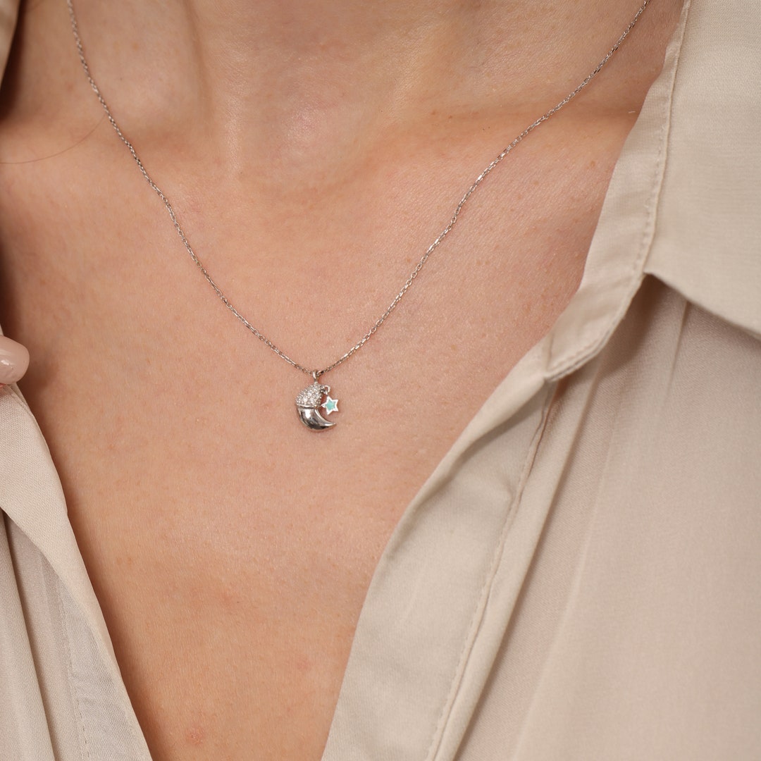 Thin Gold Necklace, Gold Moon Necklace, Real Diamond Pendant, Crescent