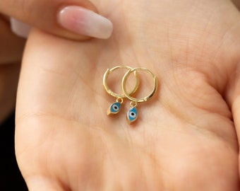 Gold Evil Eye Earrings, 14K Solid Gold Eye Earrings, Hamsa Earrings, Good Luck Earrings, Blue Evil Eye Earrings, Graduation Gift