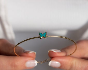 14k Yellow Gold Dainty Blue Butterfly Design Minimal Thin Bracelet, Anime Figure Jewelry, Animal Lover gift, Bestfriend Gift, Gift for Her