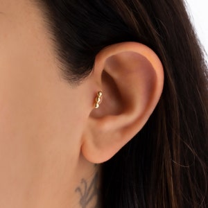 14K Solid Gold Cartilage Earring, Helix Piercing, Rook Piercing, Tragus Earring, Minimalist Triple Ball Ear Piercing, Mothers Day Gift