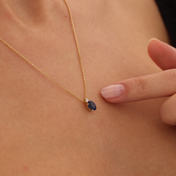 September Birthstone, Sapphire Necklace, Sapphire Pendant, Birthstone Necklace, Christmas Gift, 14k Gold Necklace, Gemstone Necklace