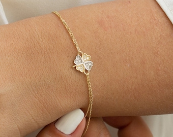 14k Yellow Gold Clover Bracelet Designed with Zircon Stones, St Patrick Day Gift, Tiny Clover, Dainty Shamrock, Irish Mom Gift