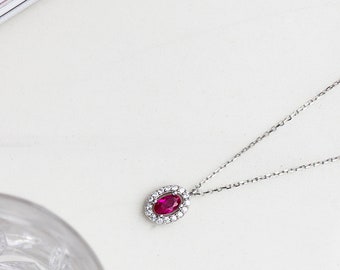14K gouden robijnketting, sierlijke robijnrode ketting, 14K gouden diamanten ketting, edelsteenketting, gouden haloketting, massief gouden ketting