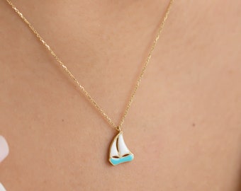 14K Yellow Gold Sail Boat Necklace, Blue Enamel Yacht Pendant, Real Gold, Nautical Jewelry, Blue Enamel Necklace, Ocean, Traveler Necklace