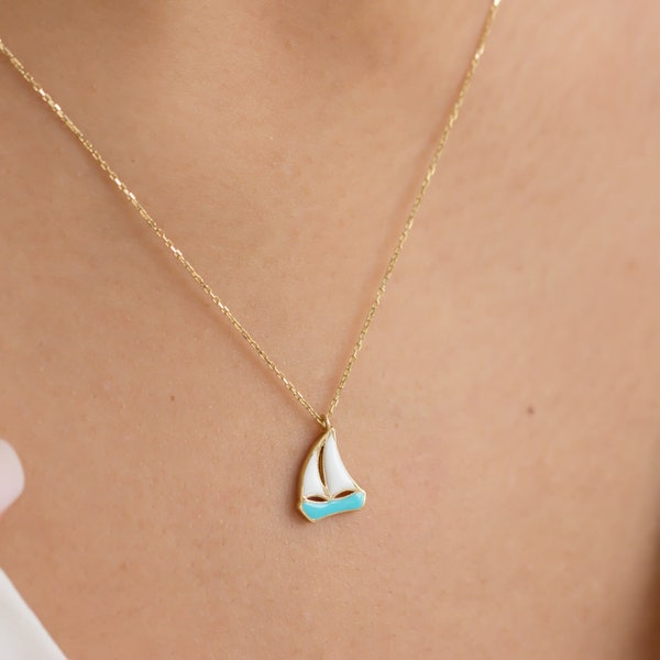 14K Yellow Gold Sail Boat Necklace, Blue Enamel Yacht Pendant, Real Gold, Nautical Jewelry, Blue Enamel Necklace, Ocean, Traveler Necklace