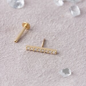 14K ソリッド ゴールド バー ピアス、キュービックジルコニア付きバー スタッド イヤリング、母の日ギフト、ルーク ピアス、ヘリックス ピアス、コンク ピアス