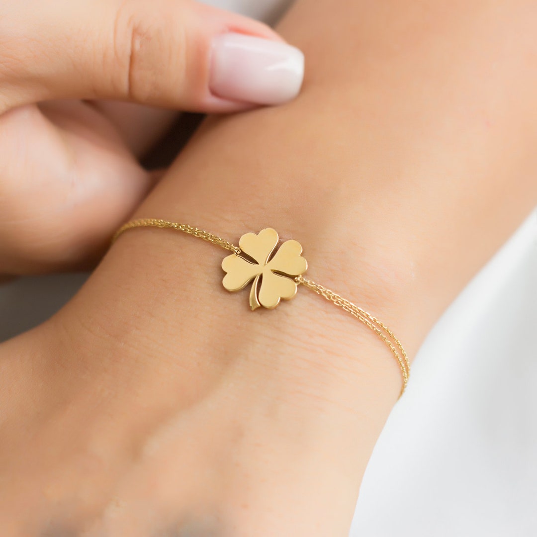 14k Gold Four Leaf Clover Charm Bracelet, Clover Bracelet, Solid Gold ...