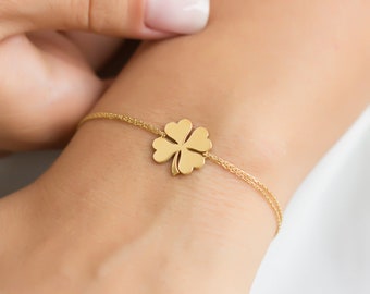 14k Gold Four Leaf Clover Charm Bracelet, Clover Bracelet, Solid Gold Clover Bracelet, Flower Bracelet, Lucky Clover Bracelet