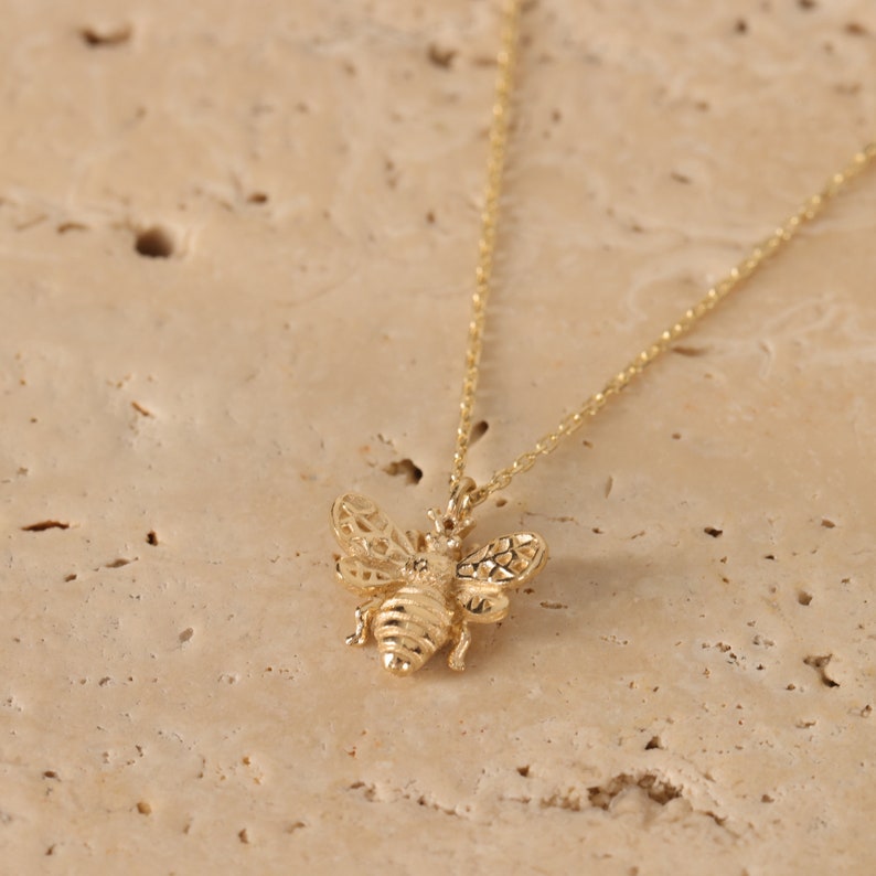 Tiny 14k Solid Gold Bee Necklace 14k Gold Bee Charm or with chain The whol necklace 14K Yellow Gold 3D Honey Bee Charm Necklace image 4