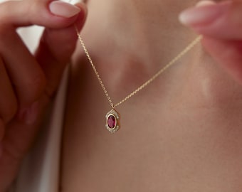 14k Gold Ruby Necklace, Gold Ruby Pendant, Ruby Birthstone, July Gemstone, Ruby Stone Charm, Oval Ruby Necklace, Classic Ruby Necklace