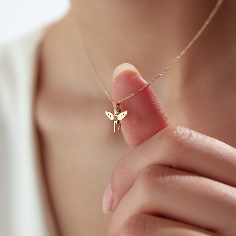 Gold Angel Necklace, Gold Star Pendant, Solid Gold Angel Charm, Angel Charm Necklace, Baptism Gift, 14K Angel Necklace, Angel Jewelry image 7