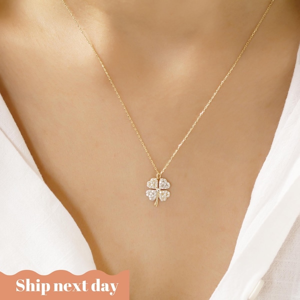 Gold Clover Necklace / 14k Solid Gold Four Leaf Clover Necklace / Leaf Clover Pendant Jewelry / Gold Clover / Handmade Jewelry Gift For Her