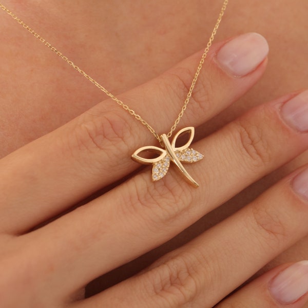 Gold Dragonfly Necklace, White Gold Dragonfly Pendant, Dragonfly Charm, Dragonfly Jewelry, Gold Dragonfly Accessory, Dragonfly Jewelry Gold