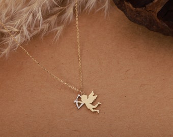 14K Solid Gold Eros Angel Necklace, Halloween Necklace, Glowing Necklace, Cool Necklace, Gold Eros Angel Pendant, Chrismtas Gift