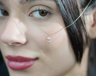 14K Solid Gold Baguette Necklace, Dainty Baguette Necklace, Tiny Baguette Pendant, Perfect Gift for Mother's Day, Dainty Jewelry For Women
