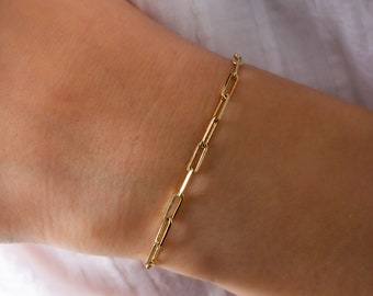 14K Gold Paperclip Bracelet, Bold Link, Staple Chain, Rectangle Link, Elongated Link, Layering Chain, Mother's Day, 3mm, Birthday Gift