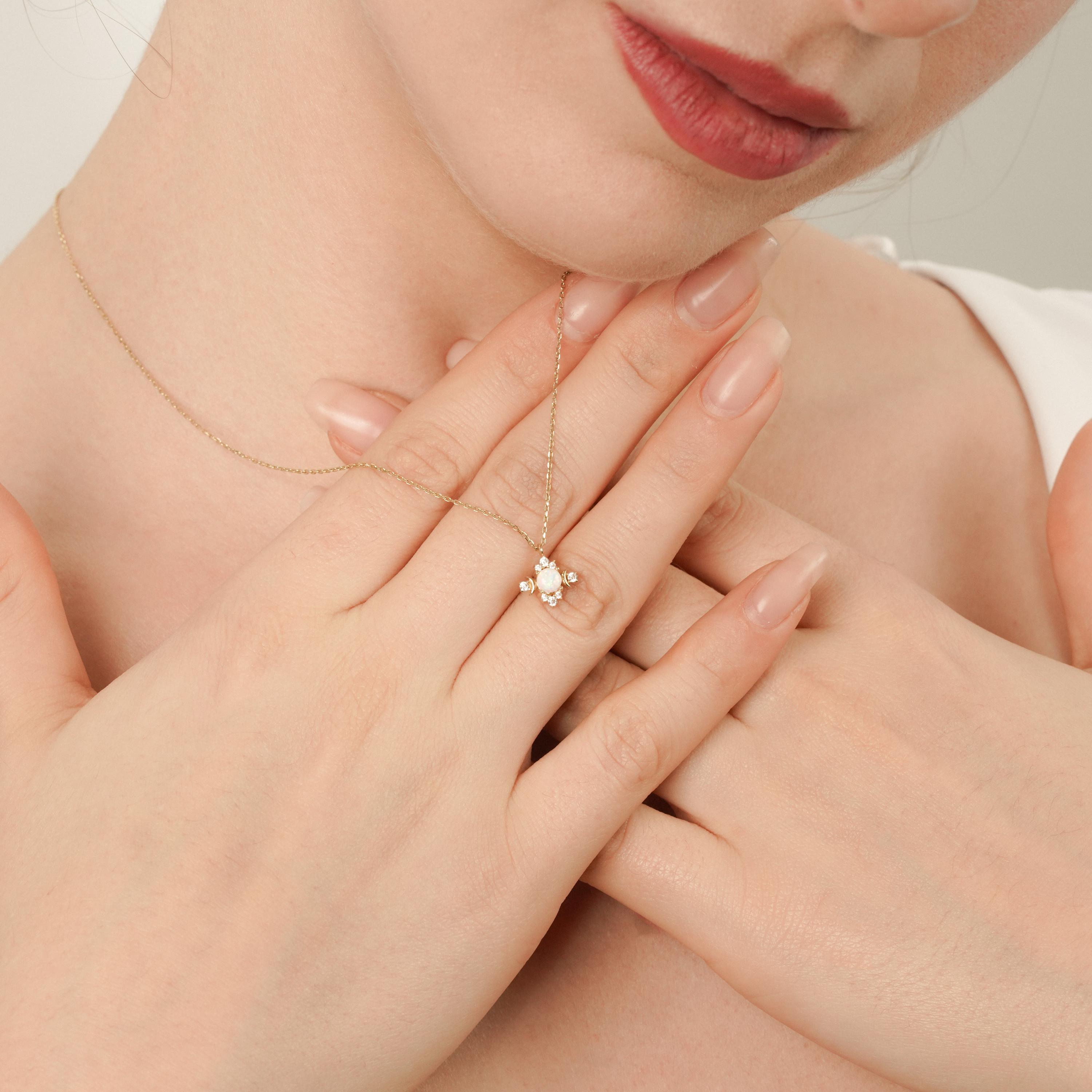 14K Solid Gold White Opal Necklace, Dainty Gemstone Pendant, October Birthstone Necklace, White Opal Pendant, Elegant Mom's Gift
