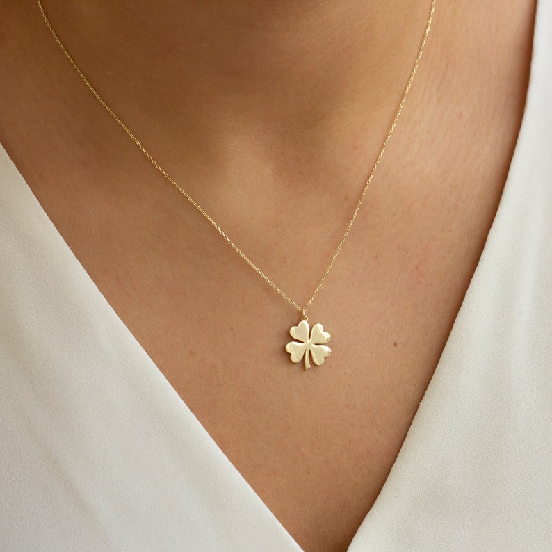 Solid Gold Clover Pendant, Gold Clover Necklace, Gold Shamrock Charm, Four Leaf Clover, Gold Clover Charm, Gold Shamrock Pendant image 1