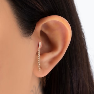 14k Solid Gold Helix Earring With Dainty Drop, Dainty Cartilage Earring With Dangling Chain, Cartilage Piercing, Mothers Day Gift