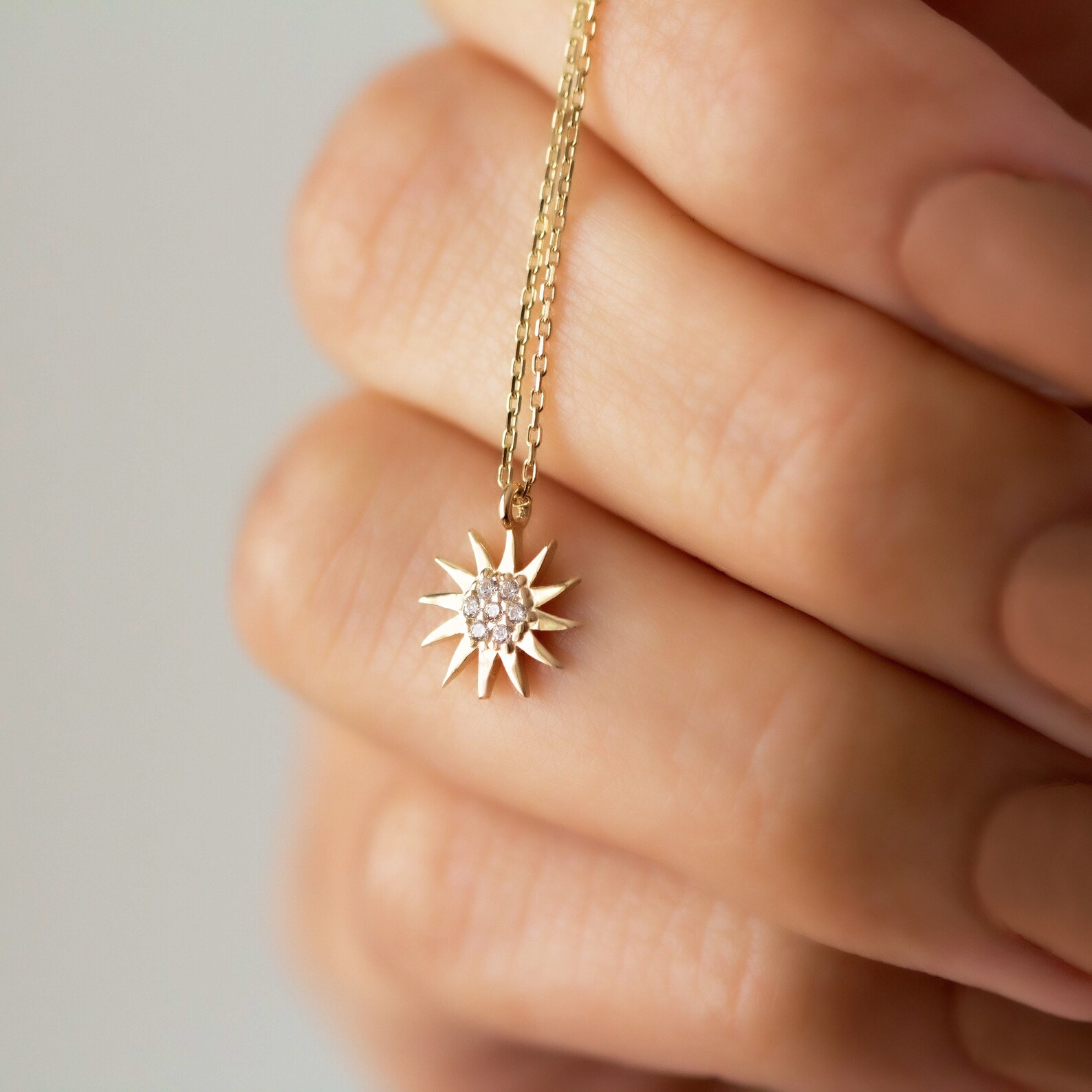 Gold Sun Necklace 14k Solid Gold Sun Pendant Modern Sun Etsy
