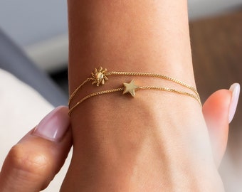 Gold Star Bracelet, Gold Sun Bracelet, Friendship Bracelet, Solid Gold Bracelet, 14k Gold Chain, Dainty Bracelet, Minimal Bracelet