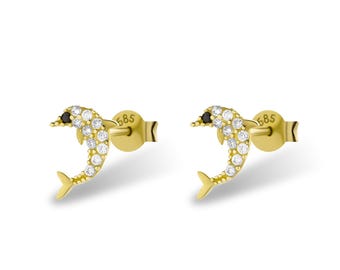 14K Solid Gold Dolphin Earrings, Dainty Animal Jewelry, Ocean Earrings, Layering Gifts For Kids, Gold Stud Earrings, Birthday Gift