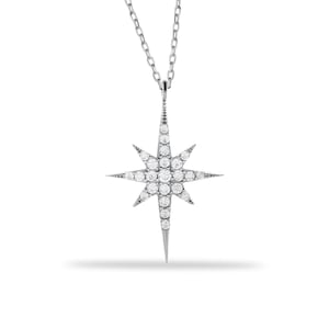14K Celestial North Star Necklace, 14K Gold Pendant With Diamond Option ...