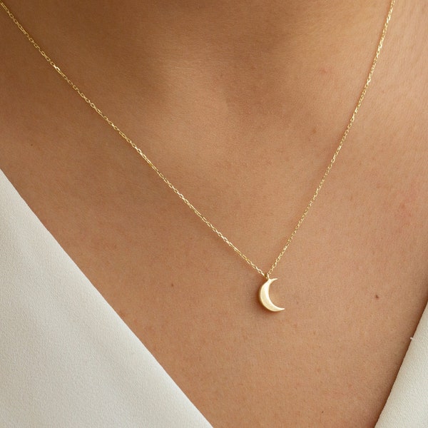 14k Solid Gold Moon Necklace, Crescent Moon Necklace, Dainty Moon Star Charm Pendant, Celestial Necklace,Birthday Gift, Christmas Gift