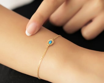 14k Yellow Gold Oval Blue Opal Stone Bracelet, Bracelet for Women, Minimalist Gold Bracelet, Yellow Gold Wristband, Gift Form Mama
