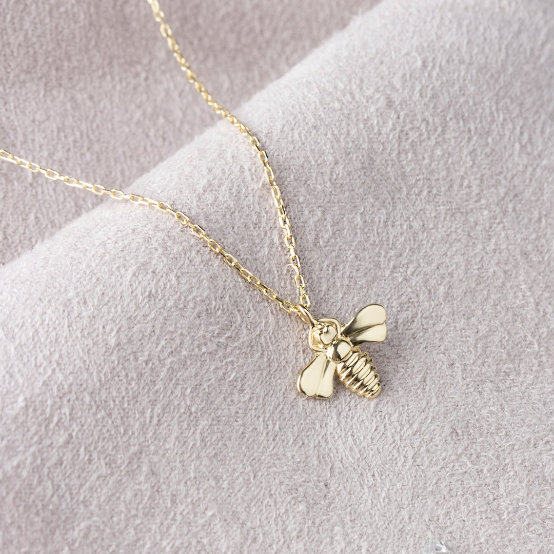14k Solid Gold Bee Necklace, Gold Bee Pendant, Animal Necklace, Bee