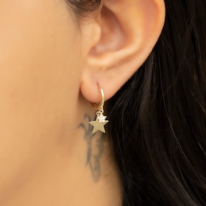 Dainty 14k Yellow Gold Star Detailed Hoop Earrings, Tiny Star Threader, Tiny Star Earring, Starburst Earrings, Threader Earring, Gold Lover
