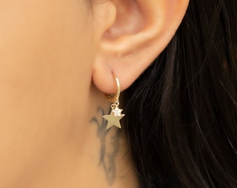 Dainty 14k Yellow Gold Star Detailed Hoop Earrings, Tiny Star Threader, Tiny Star Earring, Starburst Earrings, Threader Earring, Gold Lover