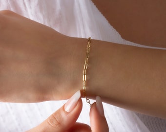 14K Gold Paperclip Bracelet, Bold Link, Staple Chain, Rectangle Link, Elongated Link, Layering Chain, Mother's Day, Jewelry Gift