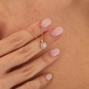 0.20 Ct Diamond Necklace, 14K Gold Diamond Solitaire Pendant, Genuine Natural Diamond Halo Necklace, Bridal Necklace, Bridesmaid Necklace