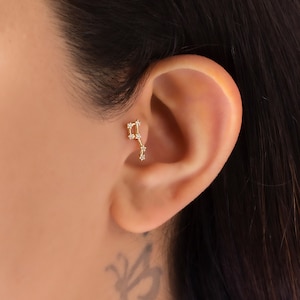 Solid Gold Zodiac Sign Piercing, Cartilage Earring, Septum Jewelry, Conch Piercing, Helix Piercing, Celestial Earrings, Flat Back Earring
