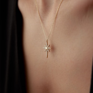North Star Necklace, North Star Pendant, Gold Polaris Pendant, 14k Solid Gold Pole Star, Gold Starburst Charm, Gold Star Necklace