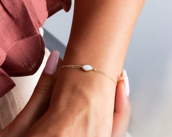 14K Gold Opal Bracelet, Opal Bracelet, Opal Bezel Bracelet, Opal Dainty Bracelet, October Birthstone Bracelet, Christmas Gift For Her