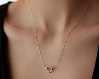 14K Solid Gold Heart Knot Necklace, Dainty Love Knot Pendant, Initial Necklace, Personalized Tiny Heart Knot, Mothers Day Gift, Gift For Her