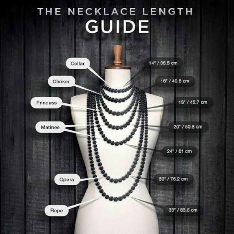 May include: A guide to necklace lengths, showing different lengths of black beaded necklaces on a mannequin. The lengths are labeled with names like "Choker", "Princess", "Matinee", "Opera", and "Rope", and the corresponding measurements in inches and centimeters.