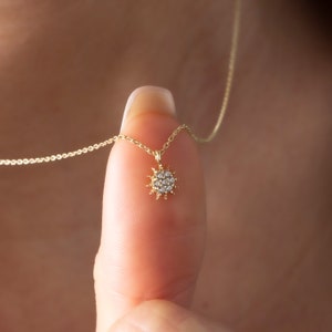 14K Solid Gold Sun Necklace, Gold Sun Pendant, Crystal Sun Necklace, Glowing Sun Necklace, Dainty Gold Sunshine Necklace, Mothers Day Gift