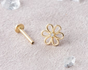 14k Gold Flower Piercing, Rook Piercing, Tragus Earring, Conch Piercing, Gold Helix Earring, Gold Flower Earring, Belly Button Ring