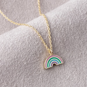 Rainbow Shaped 14K Solid Gold Necklace Designed For Everyday Use. Simple And Minimalist Multiple Colored Rainbow Rests On The Chain
