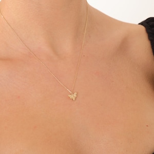 Tiny 14k Solid Gold Bee Necklace 14k Gold Bee Charm or with chain The whol necklace 14K Yellow Gold 3D Honey Bee Charm Necklace image 3