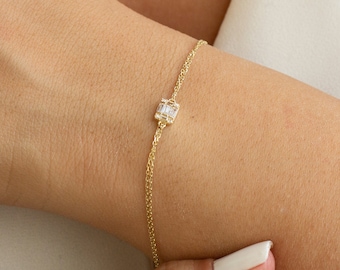 14k Gold Minimal Baguette Bracelet Jewelry Gift For Her, Delicate Gold Chain, Wristband Layering Solid Gold Bracelet, Dainty Two Row Chain