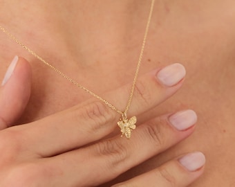 Piccola collana ape in oro massiccio 14k - ciondolo ape in oro 14k o con catena - L&#39;intera collana Collana con ciondolo ape 3D in oro giallo 14k