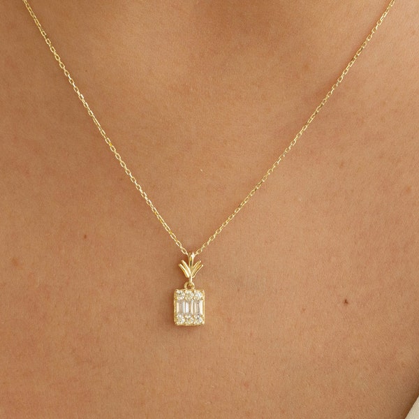 14k Gold Baguette Stone Necklace / Baguette Cut Diamond / Baguette Cz Pendant / Baguette Cz Necklace / Minimalist Jewelry / Valentines gift