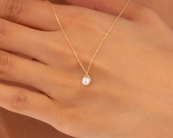 Collar de perlas de oro macizo de 14k, diseño minimalista, regalo para ella, collar de perlas, diseño sencillo, para uso diario, collar de perlas de agua dulce