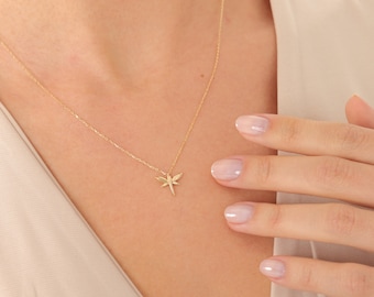 14K Solid Gold Dragonfly Necklace, Dainty Dragonfly Pendant, Gold Dragonfly Charm,  Insect Necklace, Animal Necklace, Mothers Day Gift