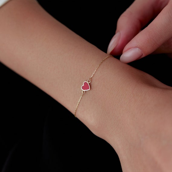Calkkrer Bracciale da donna con zirconi rossi, a forma di cuore, da donna, in oro con ciondolo a forma di cuore, da donna, con zirconi