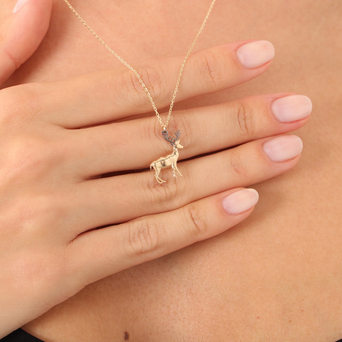 14K Gold Deer Necklace Real Gold Chain Deer Necklace Animal Etsy